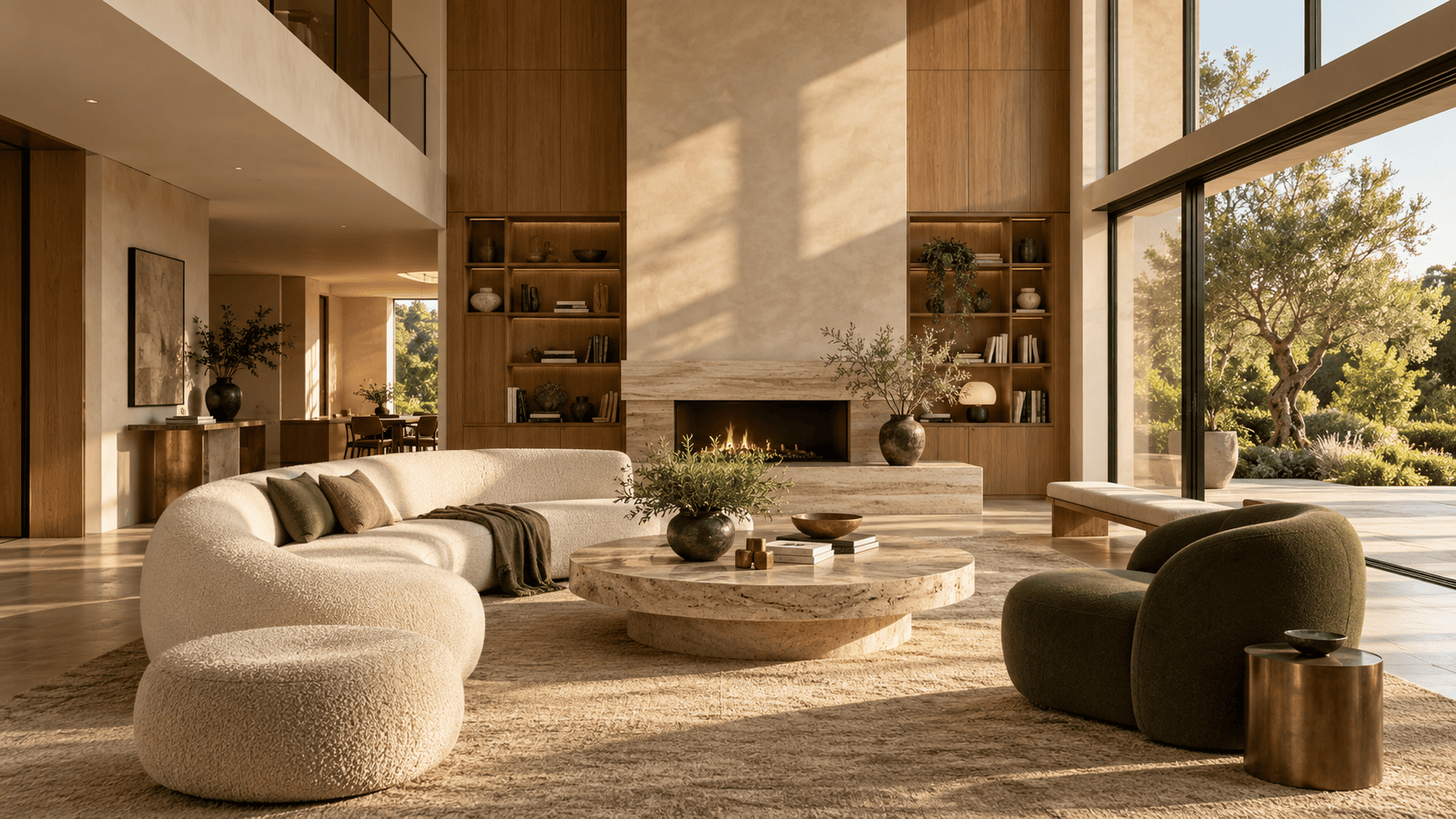 Salón luminoso con sofá curvo y chimenea de piedra, Atelier by Houseoner