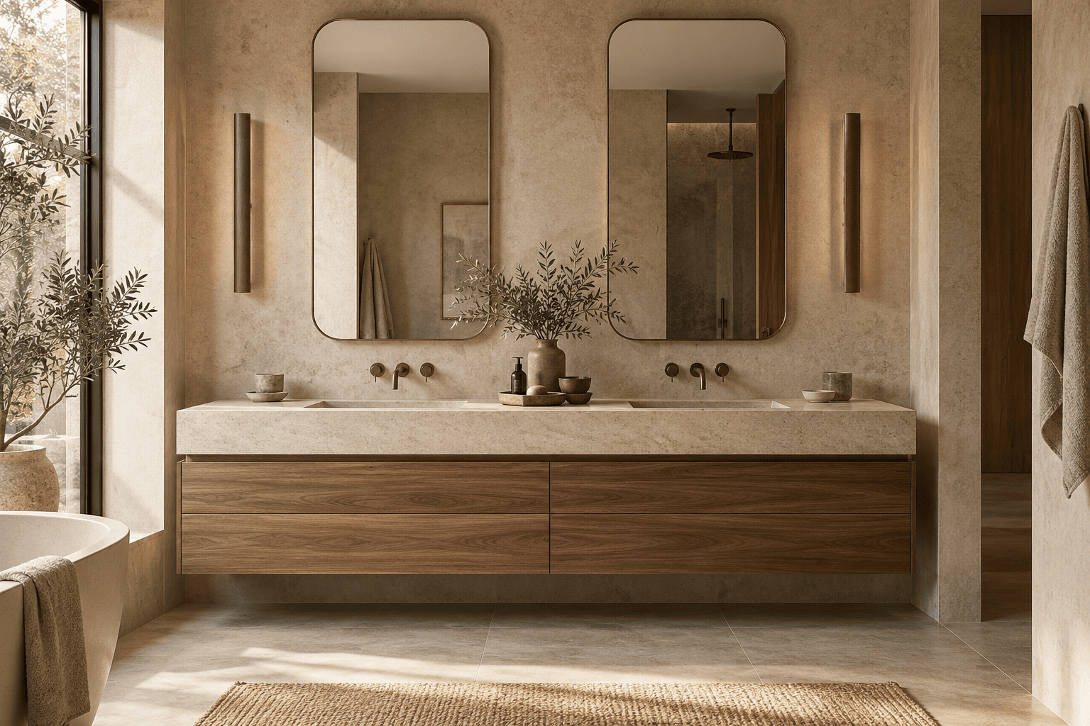 Mueble suspendido de nogal con doble lavabo de piedra y espejos verticales