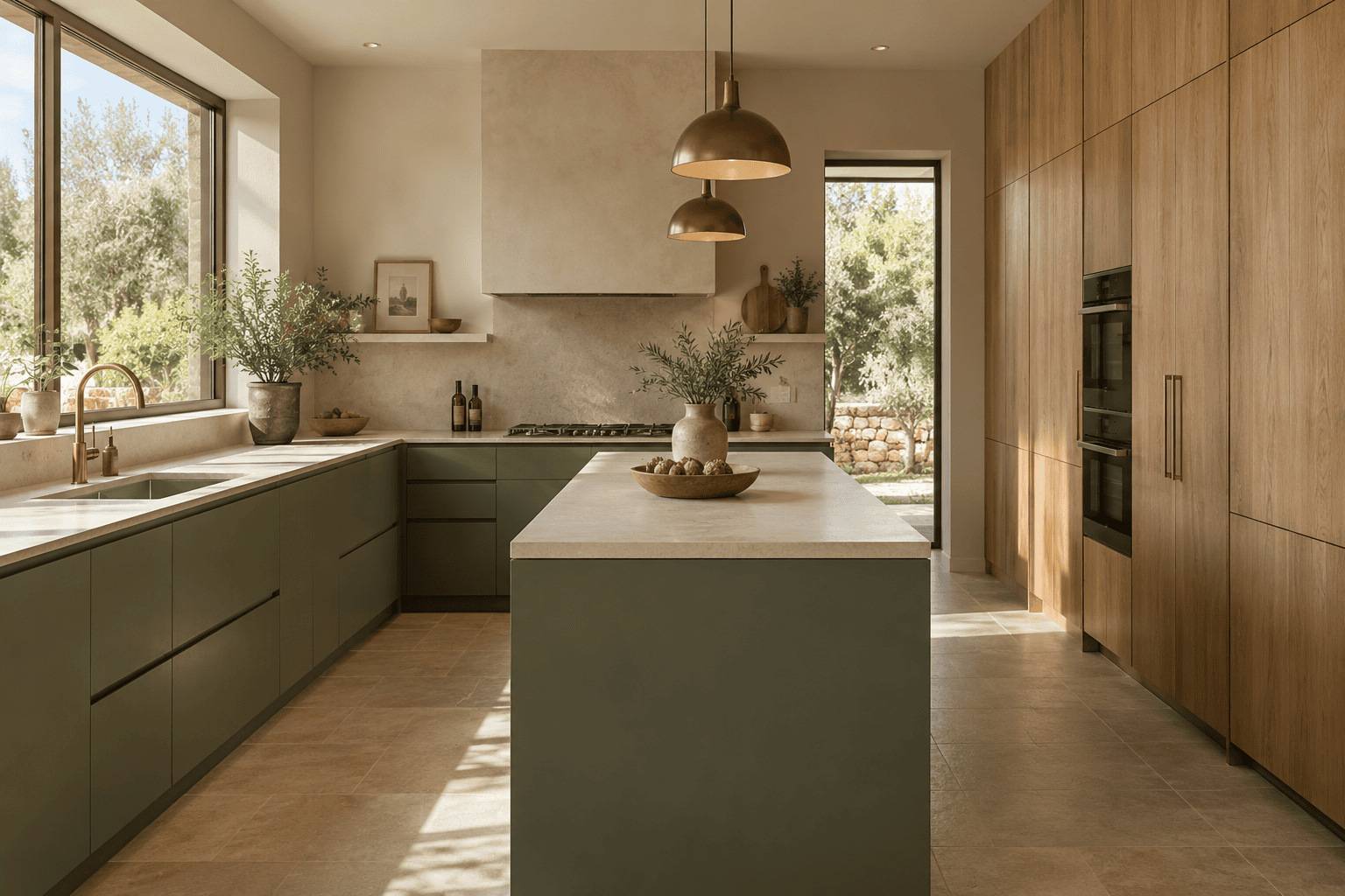 Cocina verde oliva con isla central y armarios altos de madera