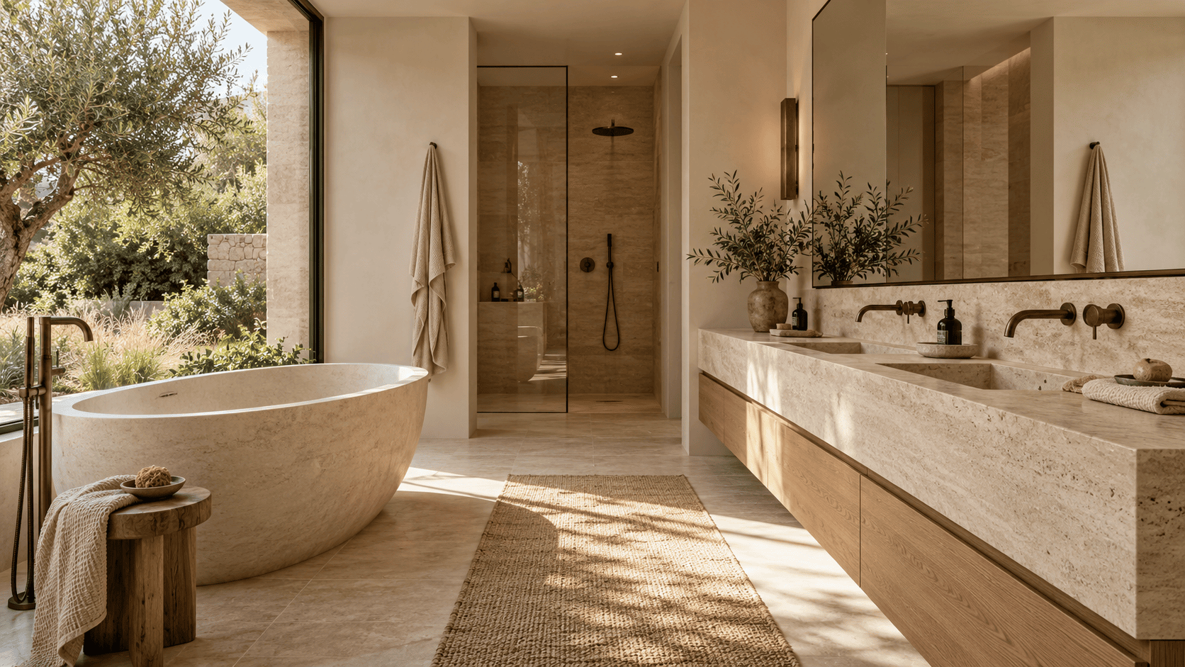 Baño en tonos naturales con bañera y lavabo de piedra, Atelier by Houseoner