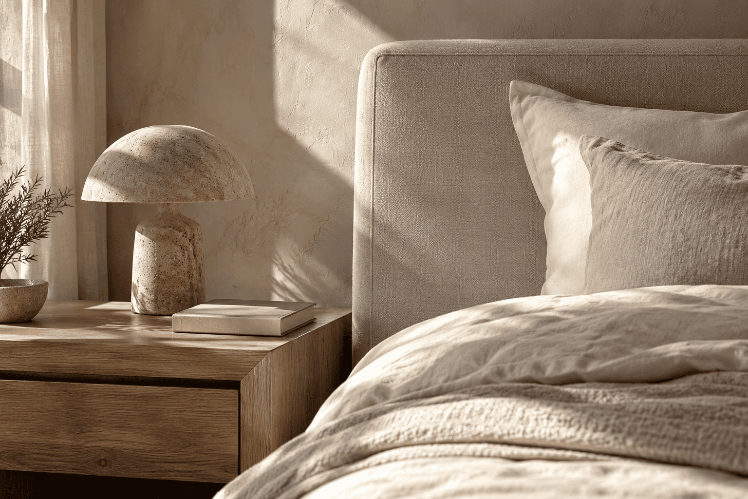 Detalle de cabecero tapizado, ropa de cama de lino, mesilla de roble y lámpara de piedra