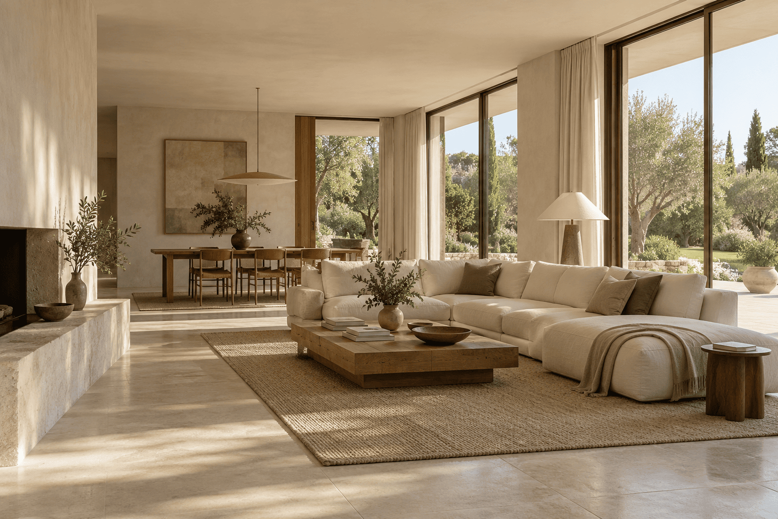Salón luminoso con sofá de lino, mesa de roble y comedor conectado al jardín