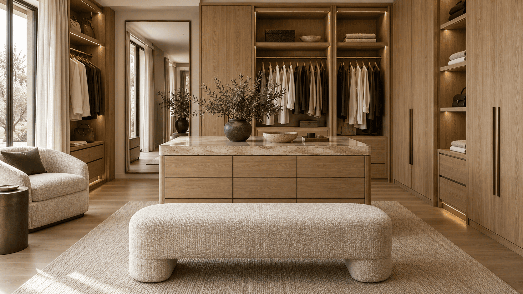 Vestidor de madera con almacenaje iluminado, cajonera central y banco tapizado