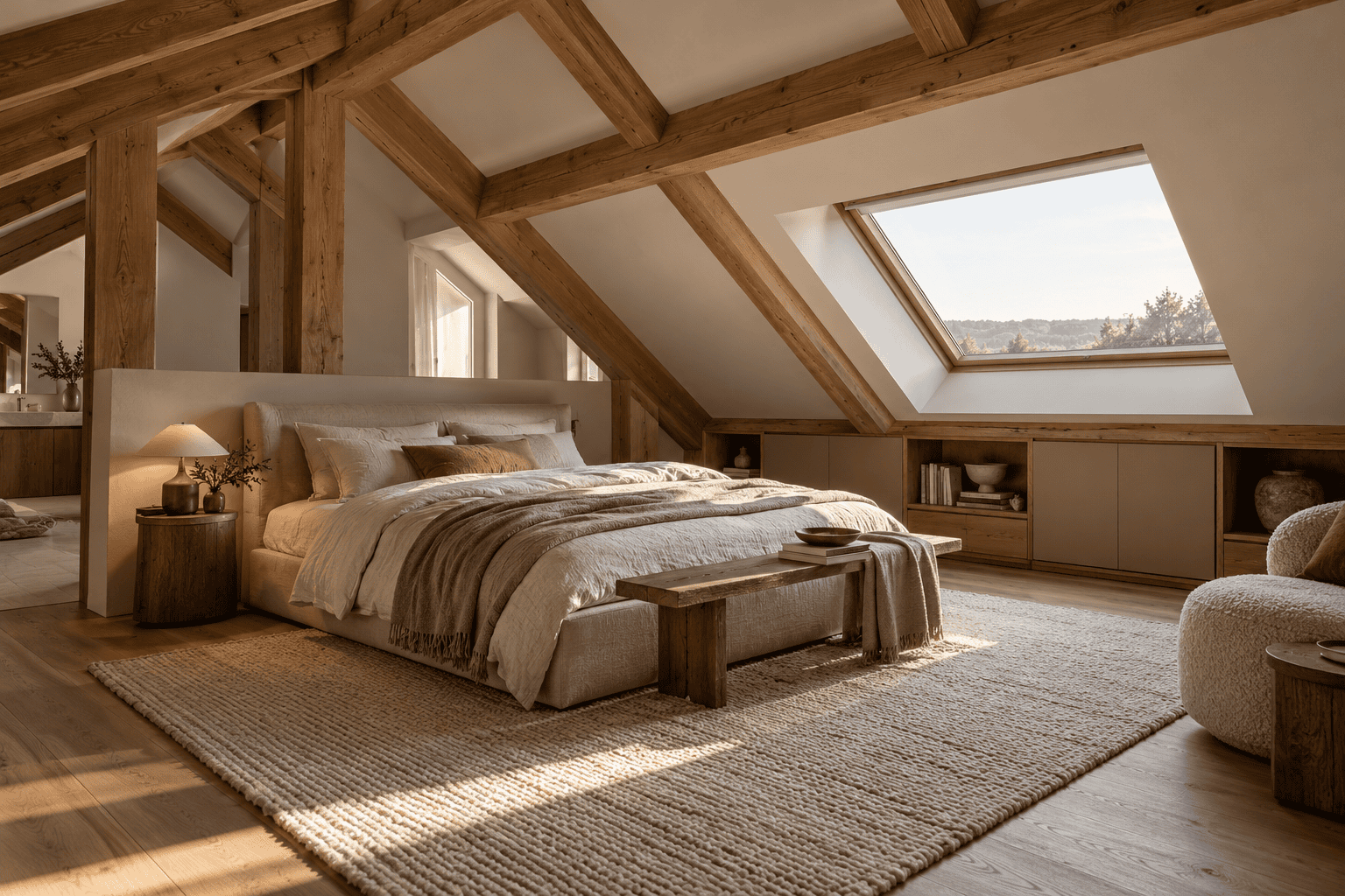 Dormitorio abuhardillado con vigas de madera y almacenaje bajo la cubierta