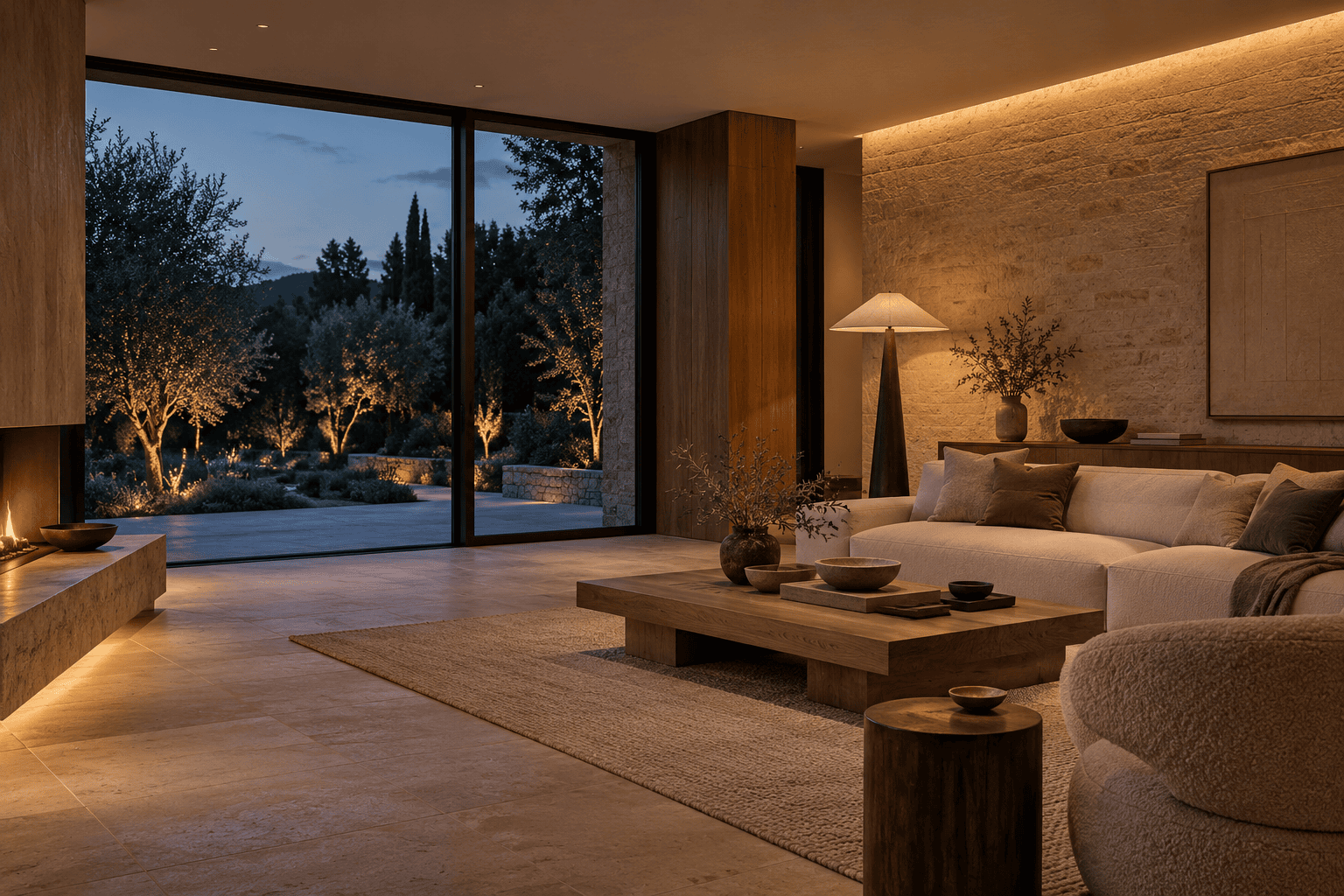Salón al anochecer con luz indirecta sobre piedra y lámpara de pie