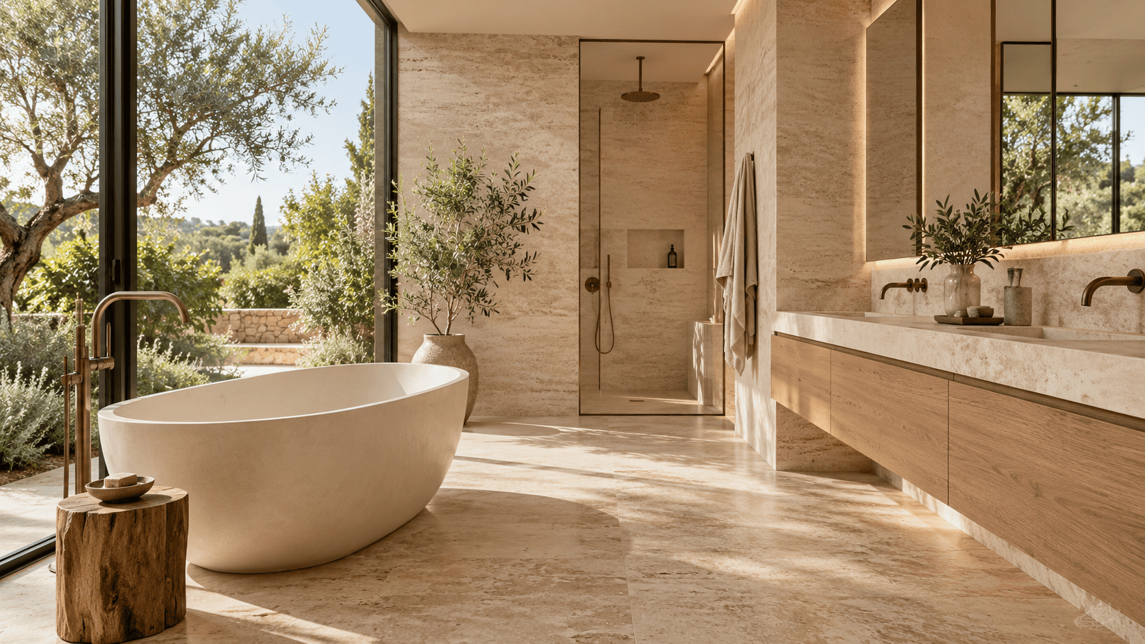 Baño luminoso con bañera exenta, piedra clara y vistas a la vegetación