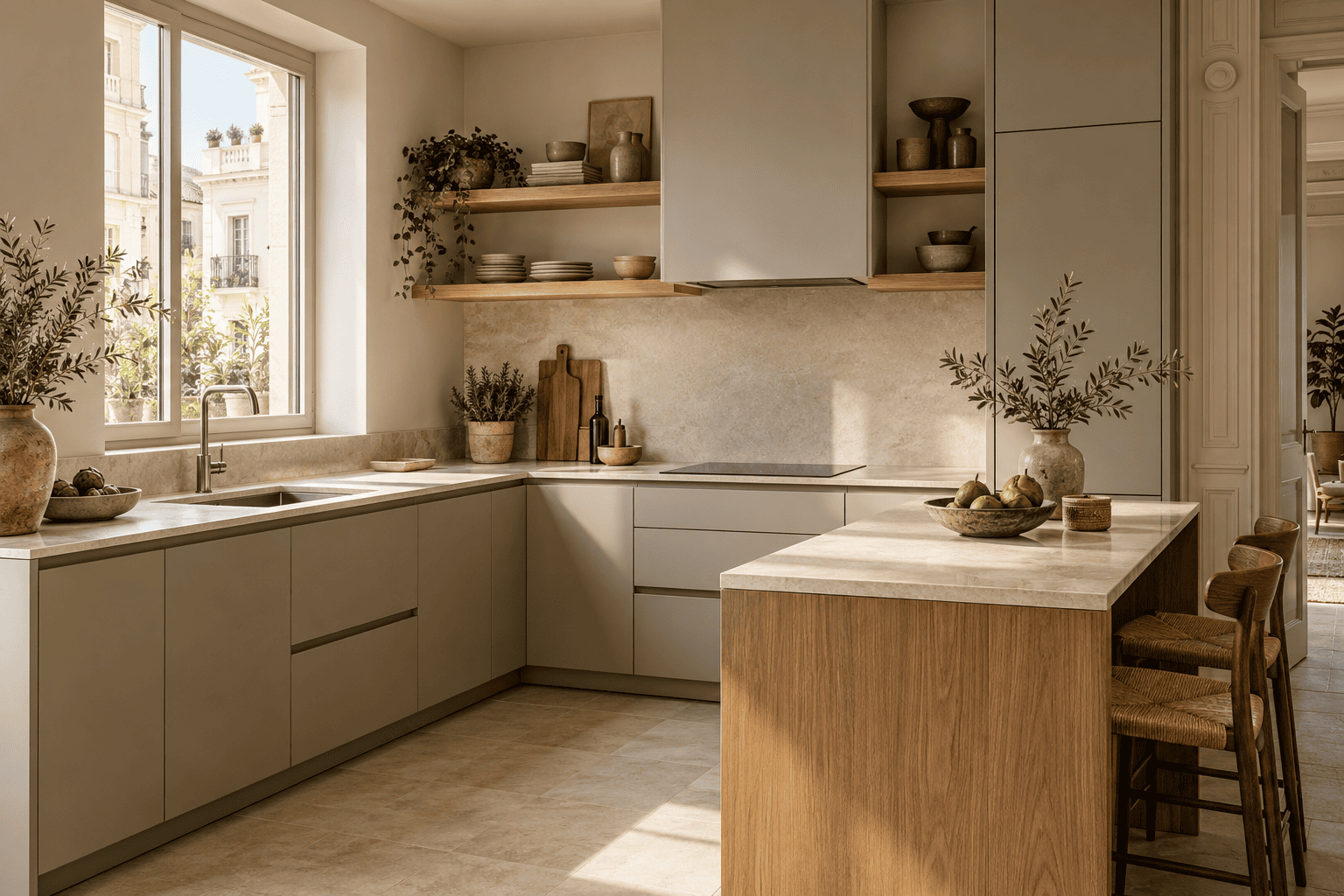 Cocina contemporánea con acabados cálidos
