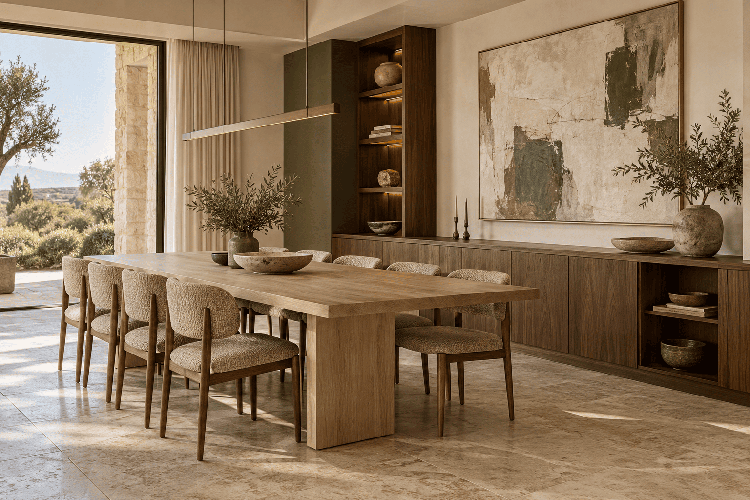 Comedor con mesa de roble y aparador de nogal integrado en una composición a medida