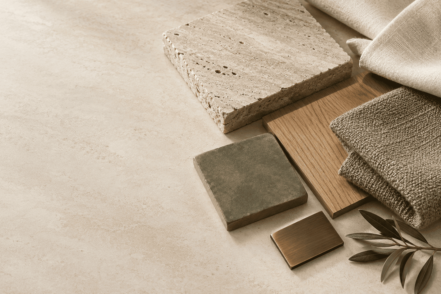 Composición de muestras de piedra, roble, cerámica verde, textiles y metal