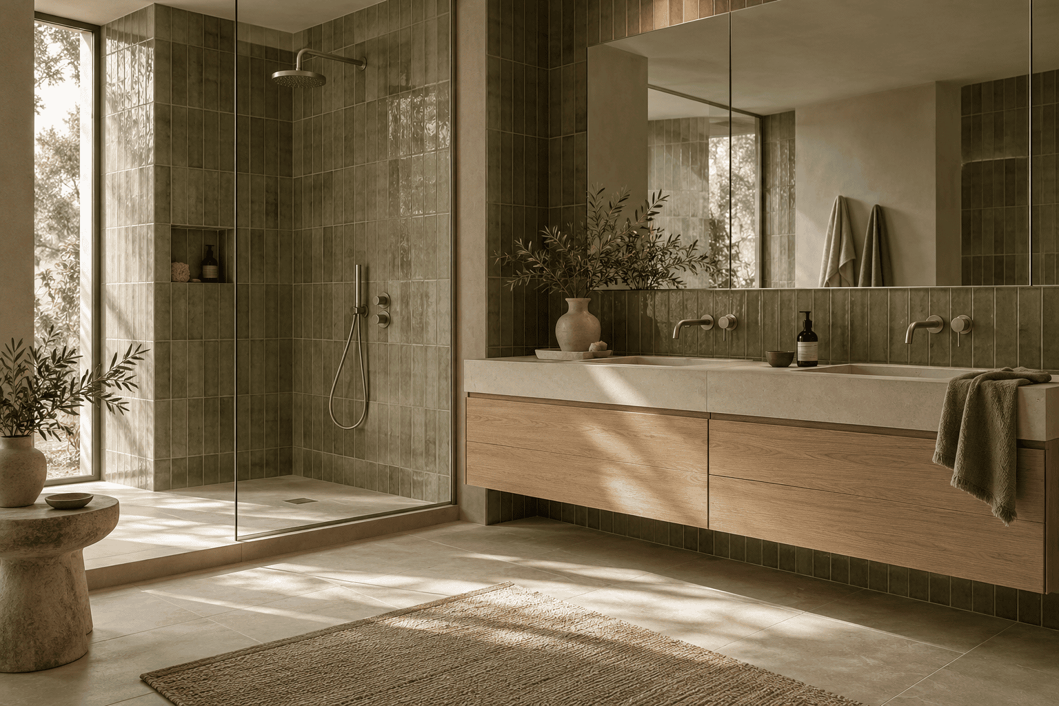 Baño con cerámica verde oliva, ducha acristalada y mueble de madera