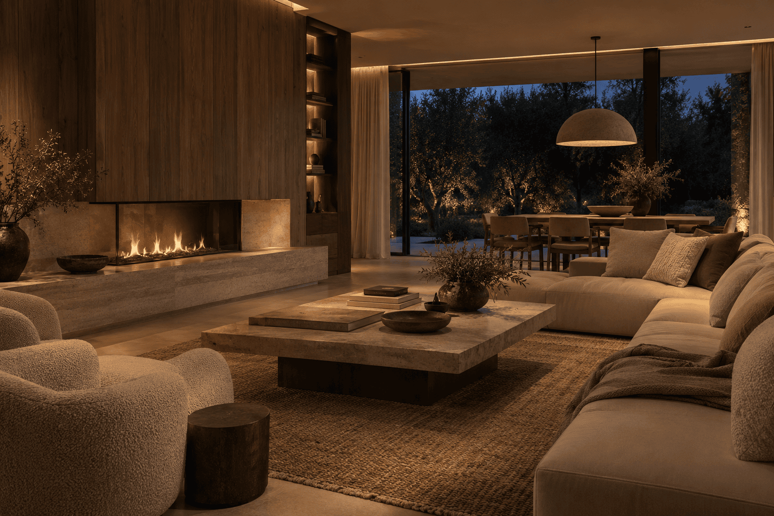 Salón nocturno con chimenea, madera de nogal y sofás claros