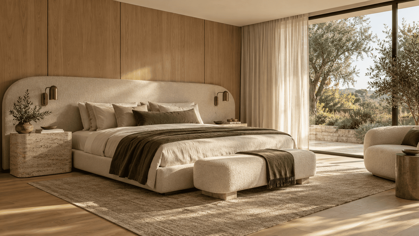 Dormitorio en tonos naturales con cabecero tapizado, madera y textiles verdes