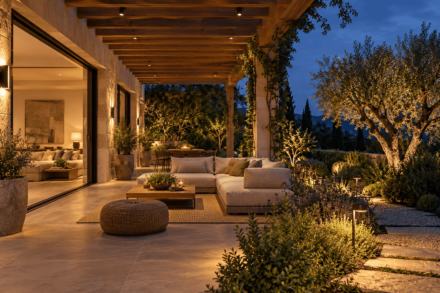 Terraza cubierta con iluminación cálida en pérgola, apliques de pared y luces en el jardín