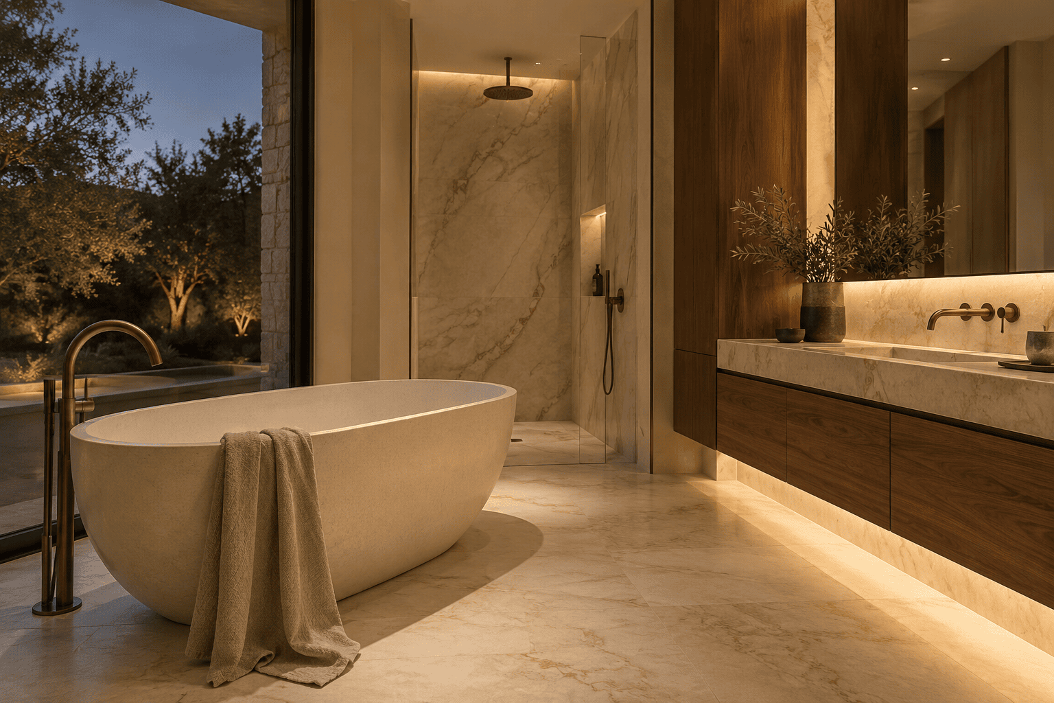 Baño con bañera exenta, mueble suspendido e iluminación cálida bajo el lavabo