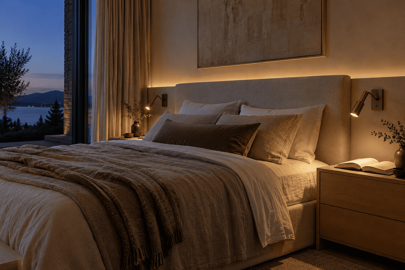 Dormitorio al anochecer con cabecero tapizado e iluminación indirecta
