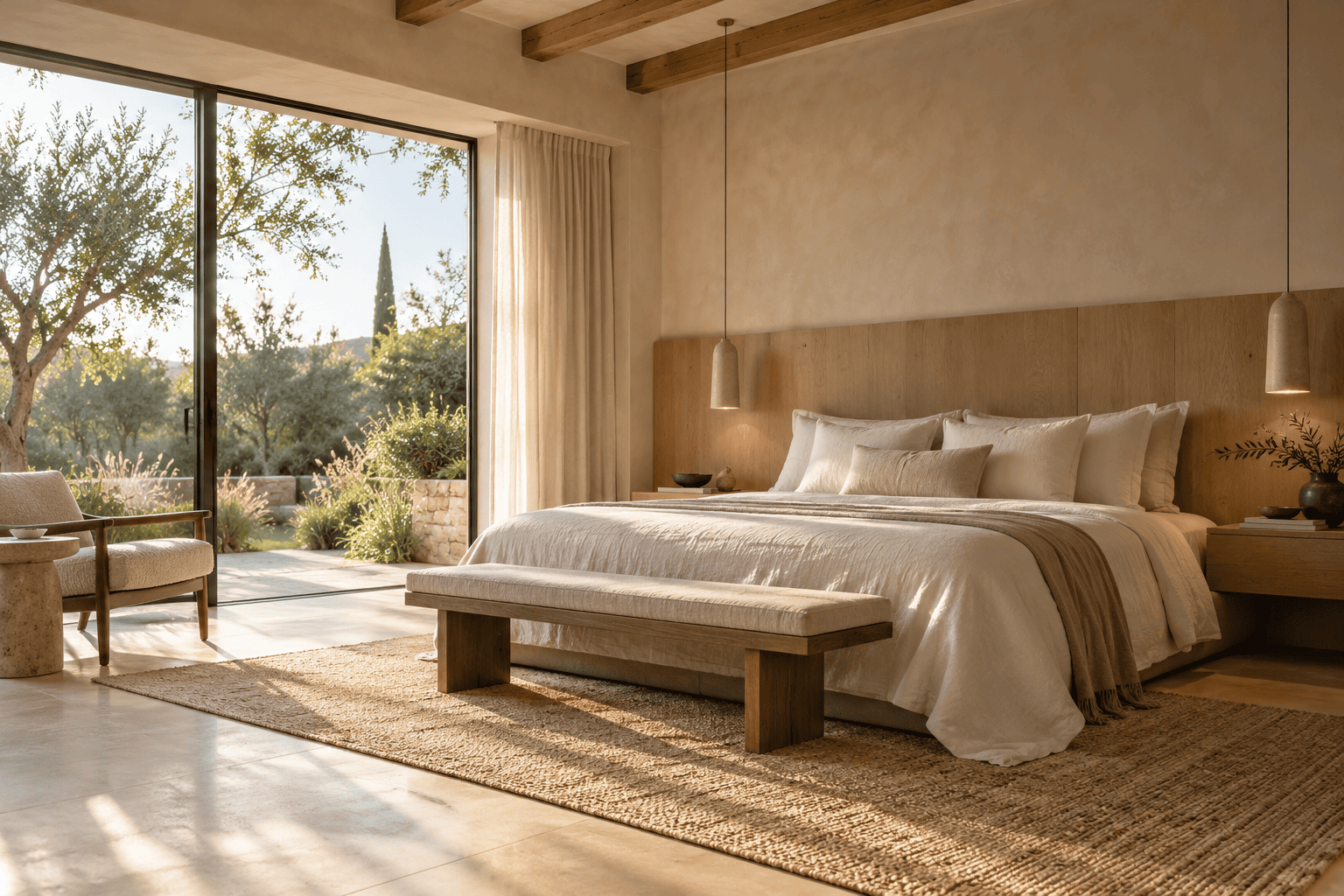 Dormitorio con cabecero de roble, ropa de cama de lino y grandes ventanales hacia el jardín