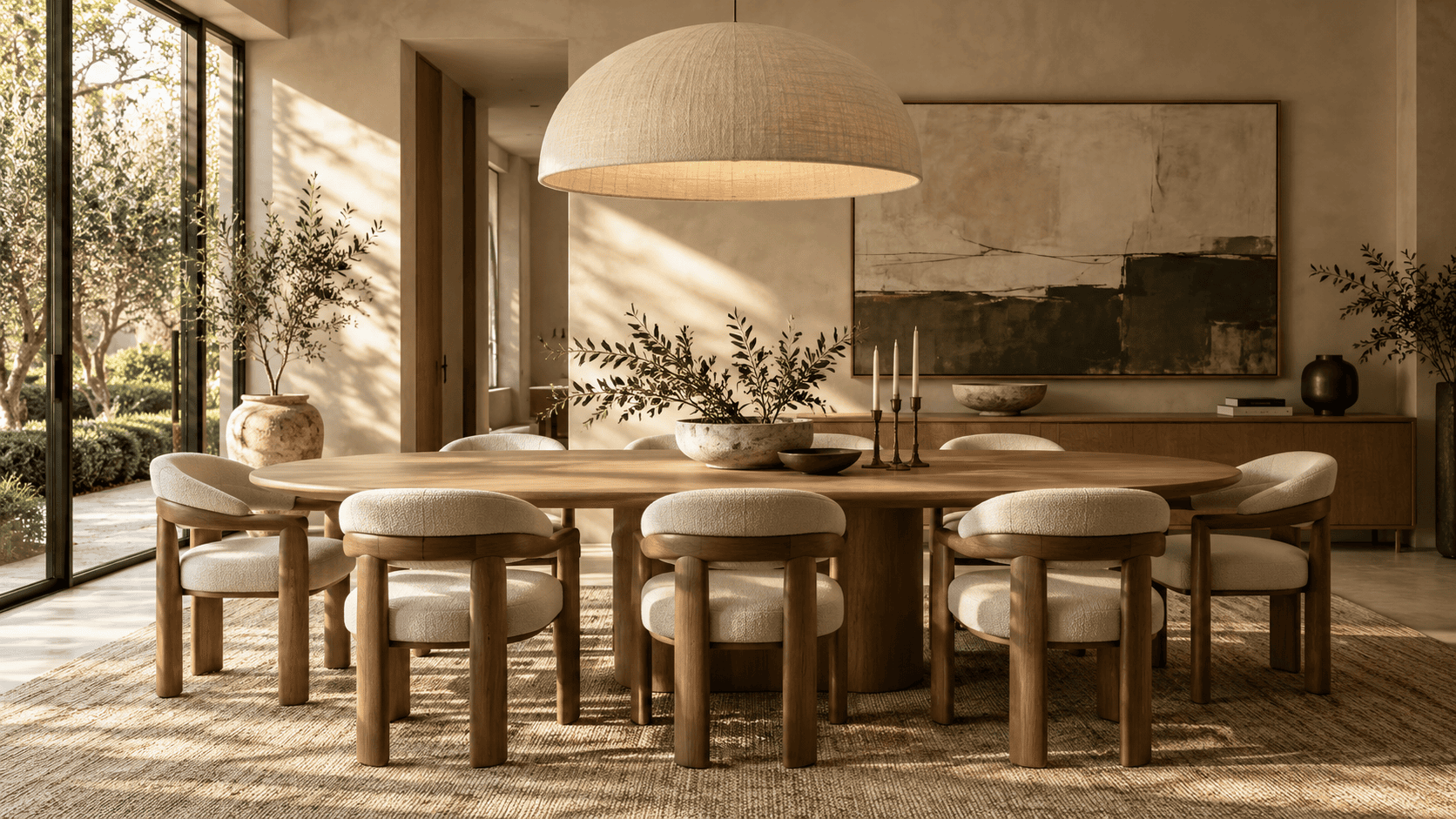 Comedor con mesa de madera, sillas tapizadas y lámpara de gran formato