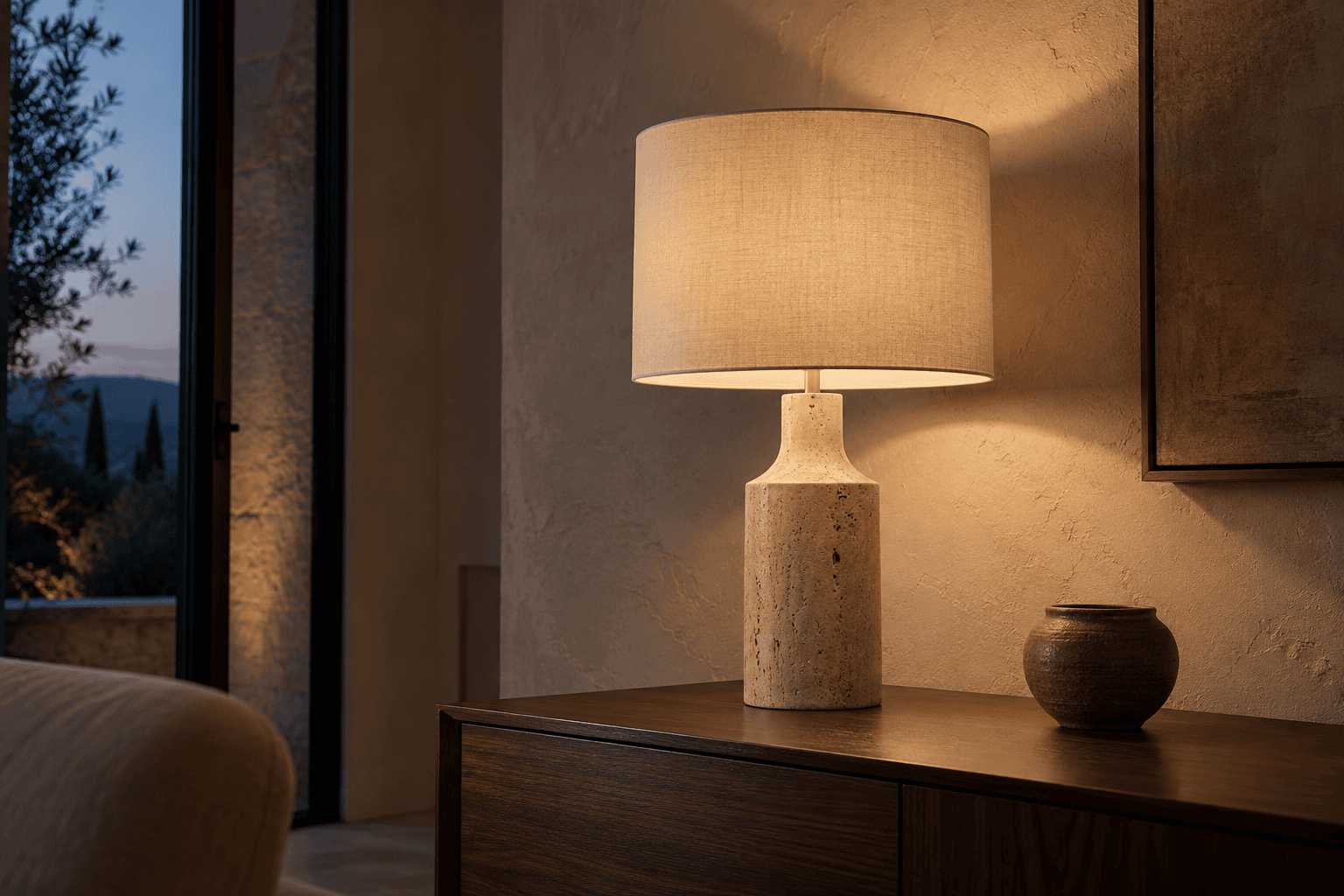 Lámpara de sobremesa con pantalla textil y base de piedra sobre mueble de madera
