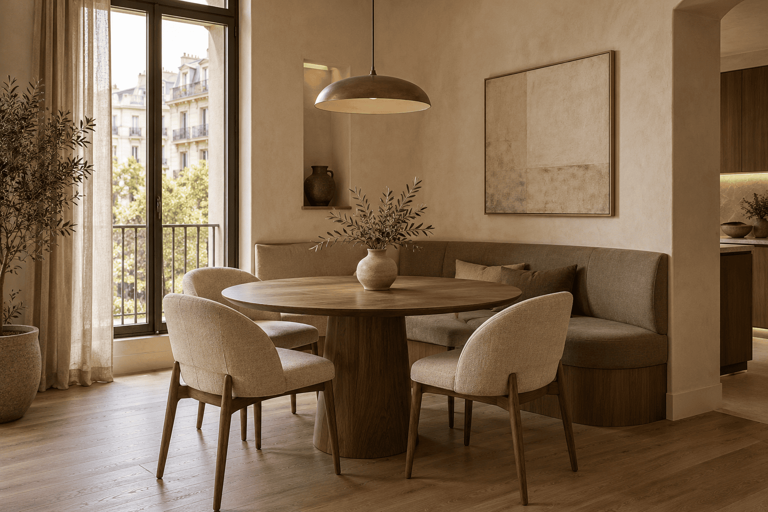 Comedor compacto con mesa redonda, banco tapizado y sillas de madera