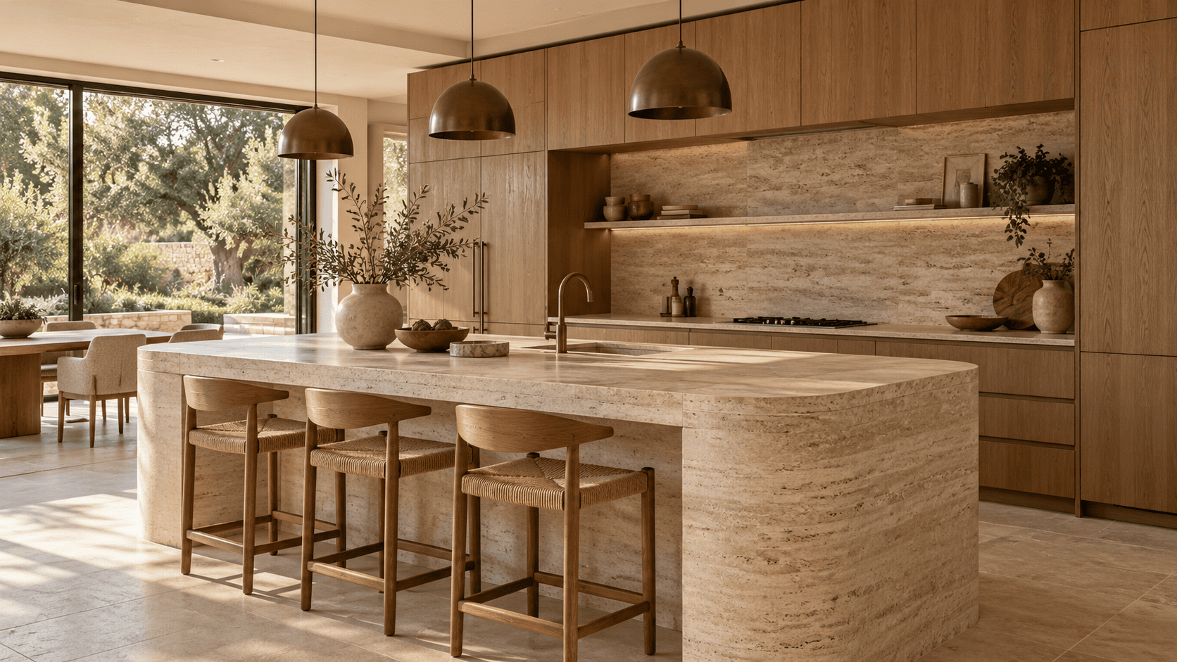 Cocina de madera con gran isla de piedra y taburetes