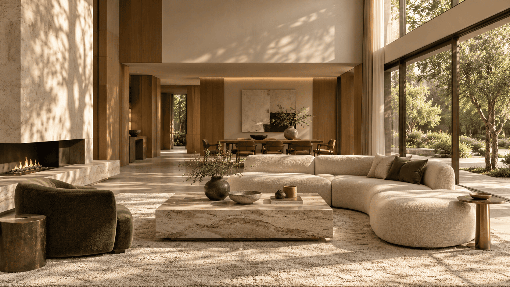 Interior contemporáneo con materiales naturales y grandes ventanales, imagen de Atelier by Houseoner
