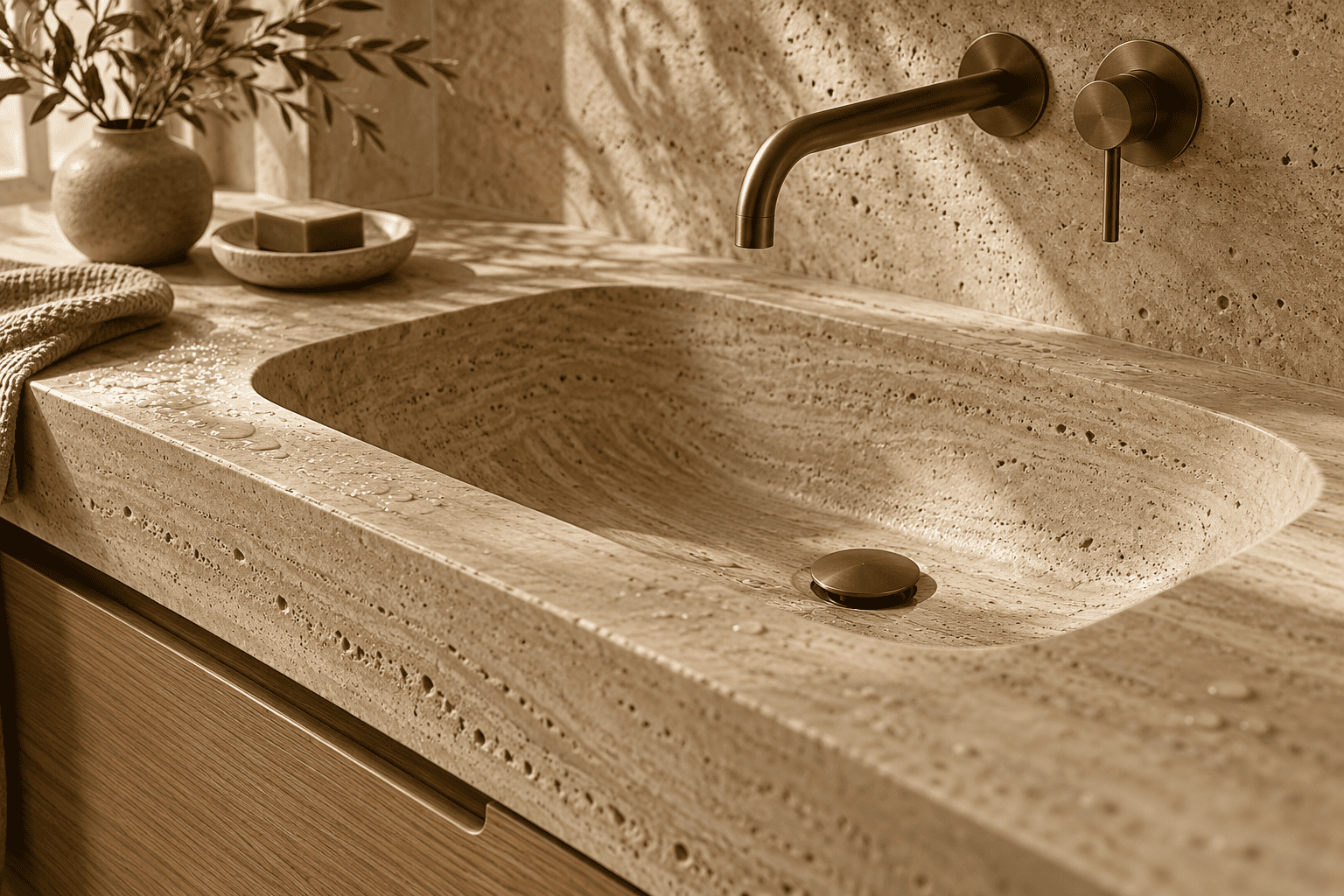 Detalle de lavabo de piedra natural con grifería de pared en acabado bronce