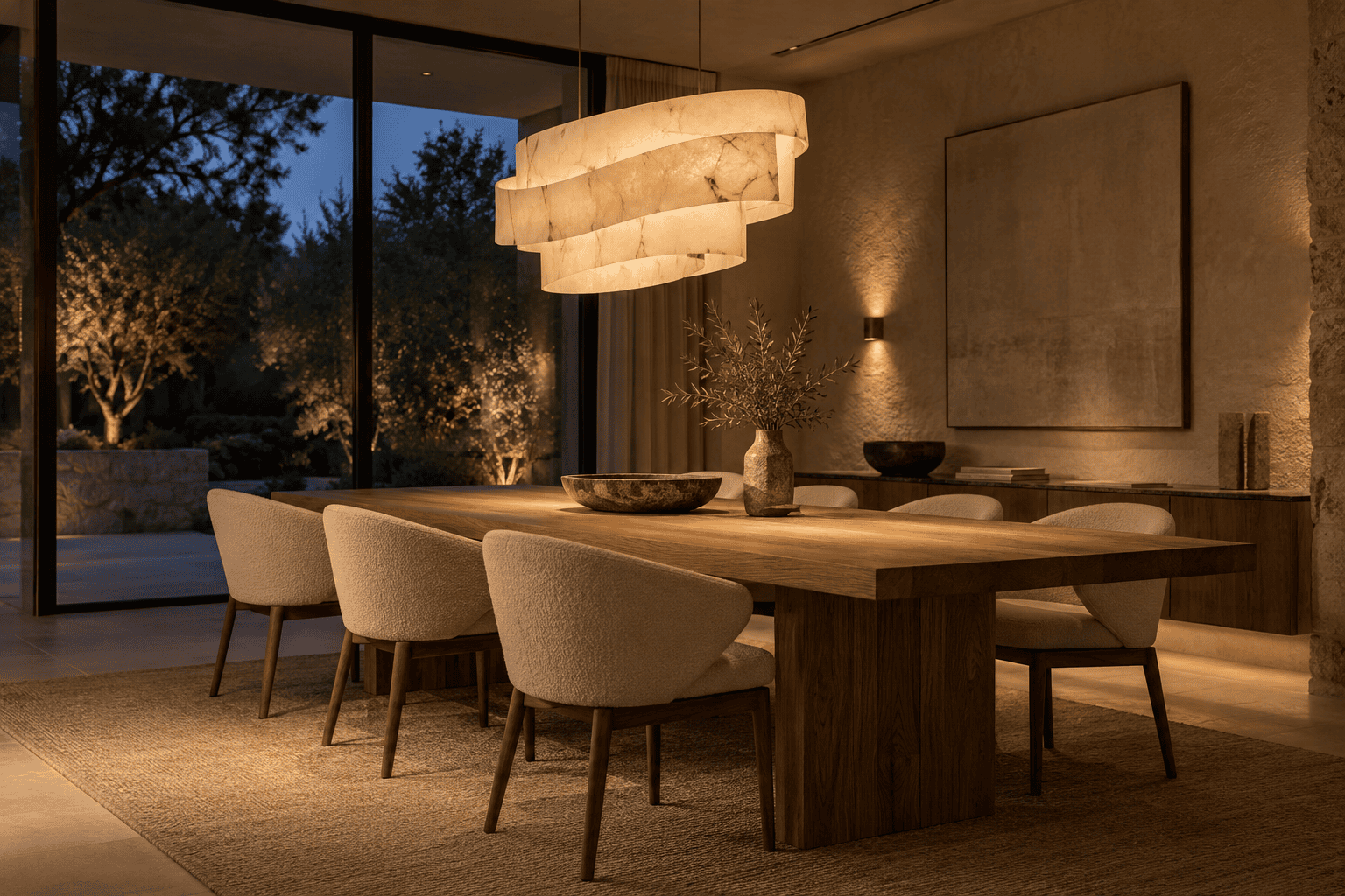 Comedor con mesa rectangular de madera y lámpara escultórica de luz cálida