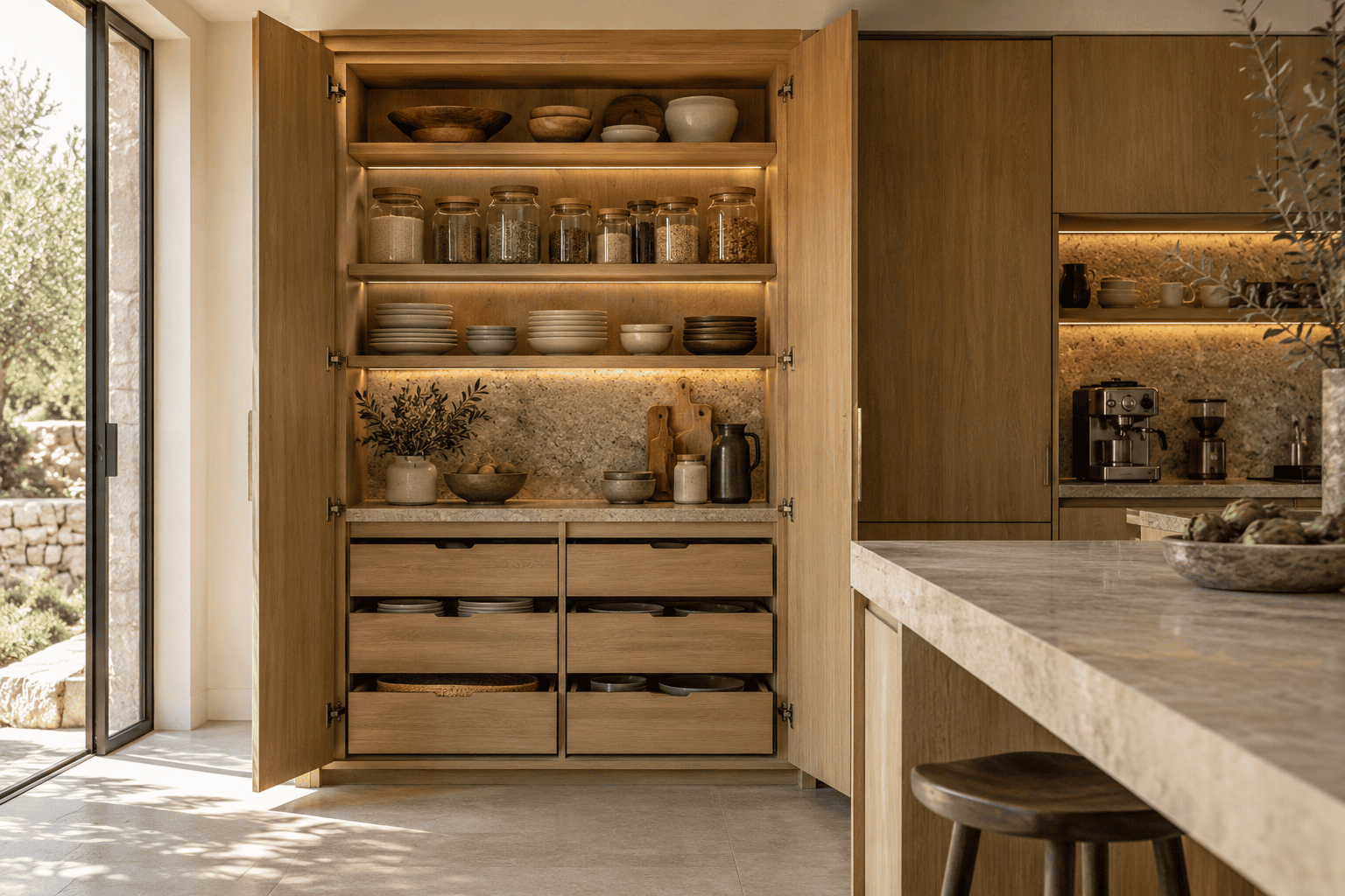 Detalle de almacenaje de cocina en madera con cajones, estantes y encimera de piedra