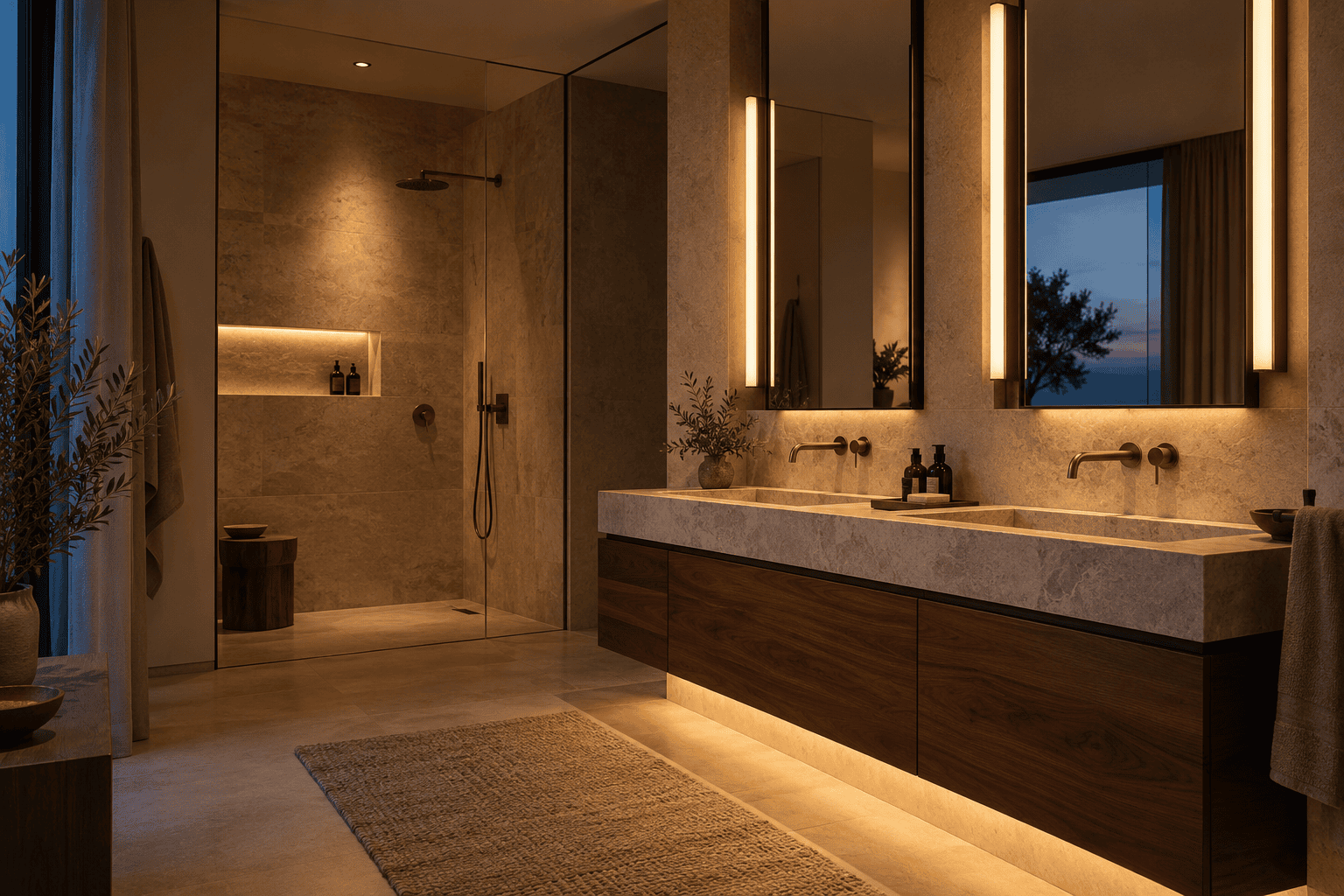 Baño de piedra con espejos iluminados y luz indirecta cálida