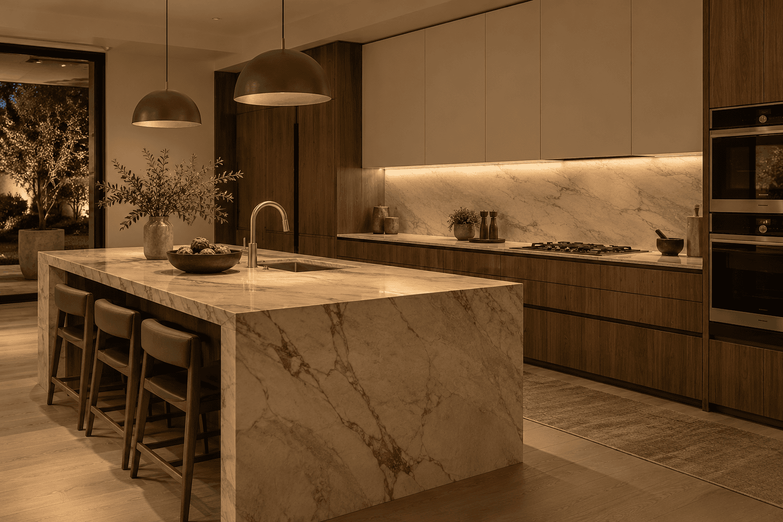 Cocina de nogal y mármol con iluminación cálida al anochecer