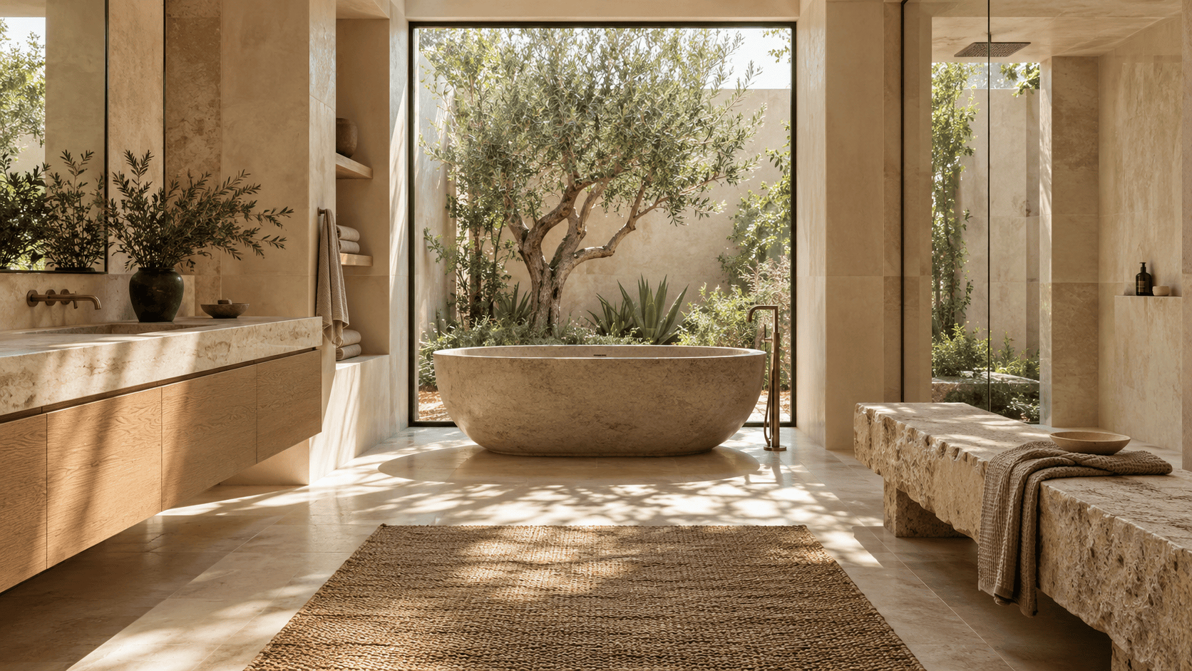 Baño con bañera de piedra frente a un patio privado, madera y luz natural