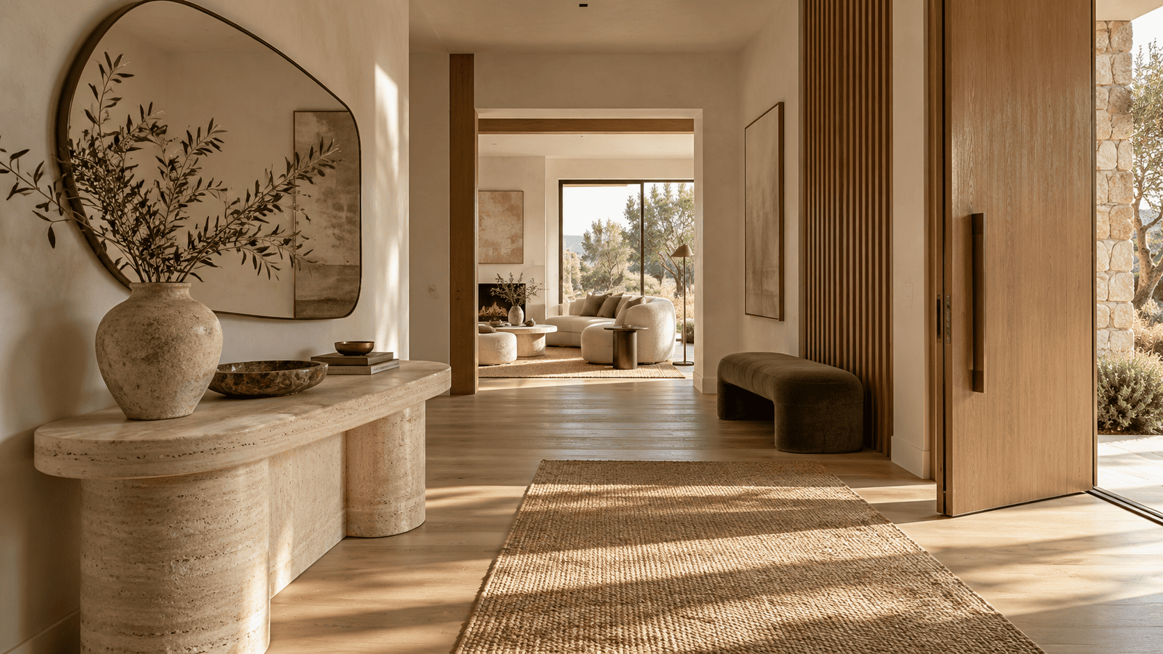 Recibidor con consola de piedra, madera natural y conexión visual con el salón
