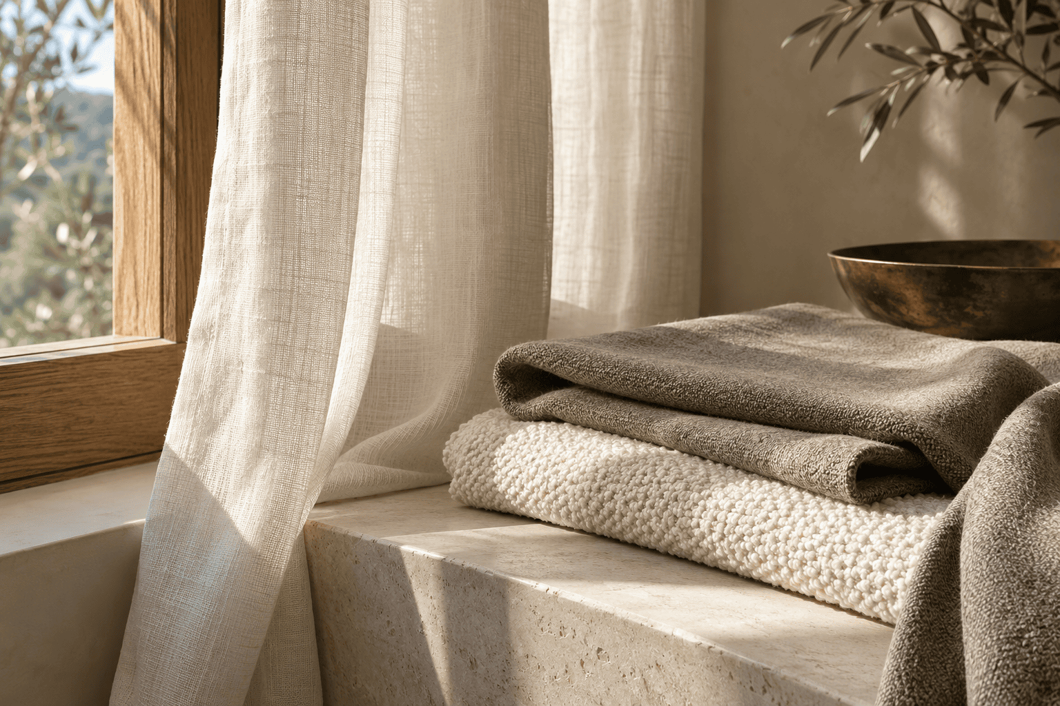 Cortina de lino y muestras de tejidos en tonos crema y topo junto a una ventana