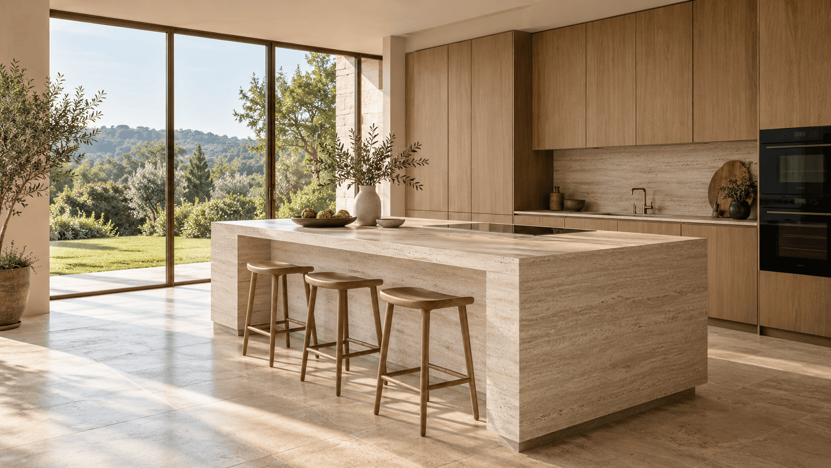 Cocina con isla de piedra clara, muebles de roble y vistas al jardín