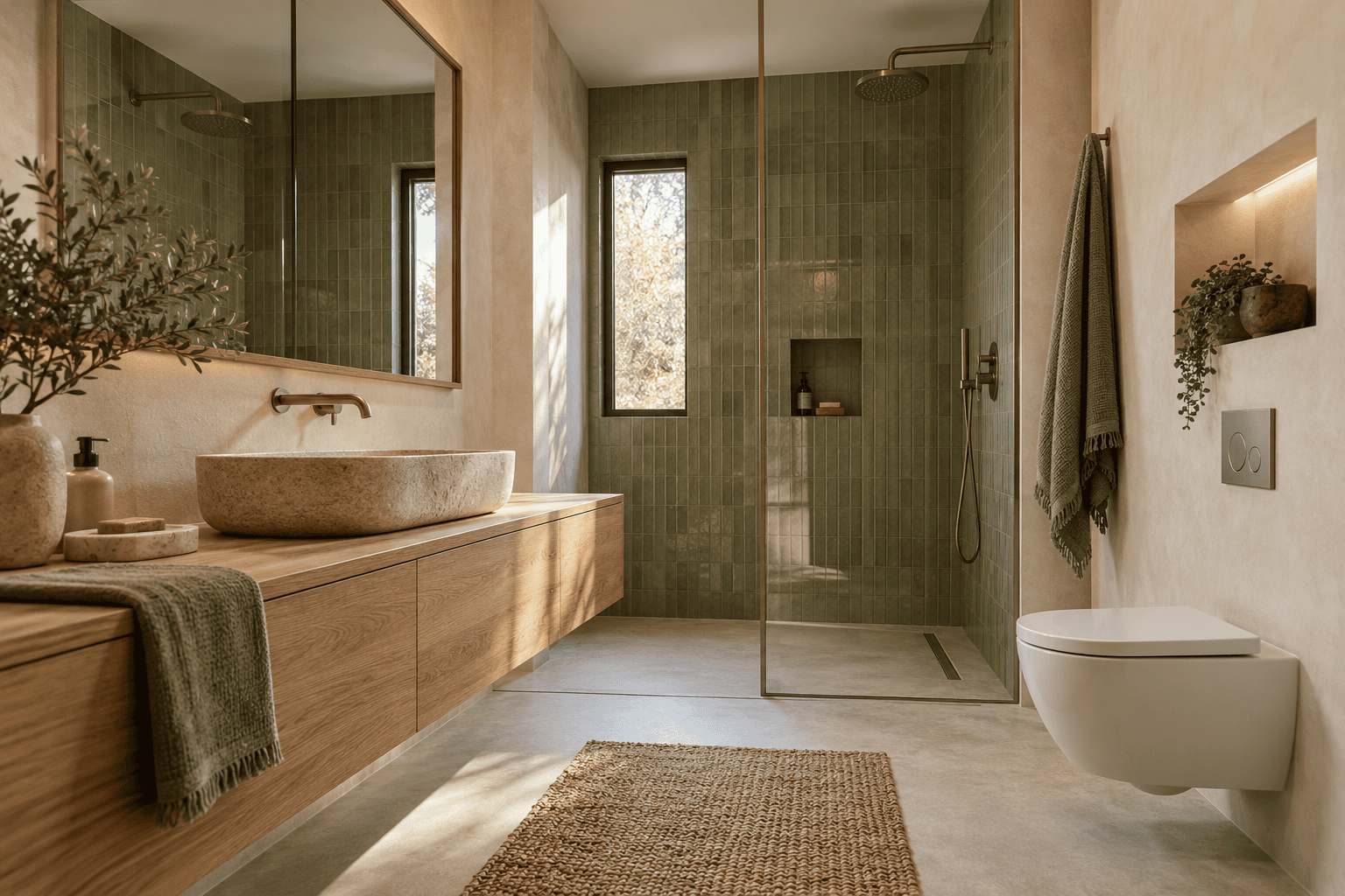 Baño con mueble de madera, doble lavabo y revestimiento verde