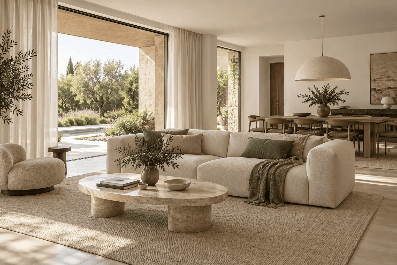 Salón y comedor abiertos con sofá claro, mesa de piedra y grandes ventanales