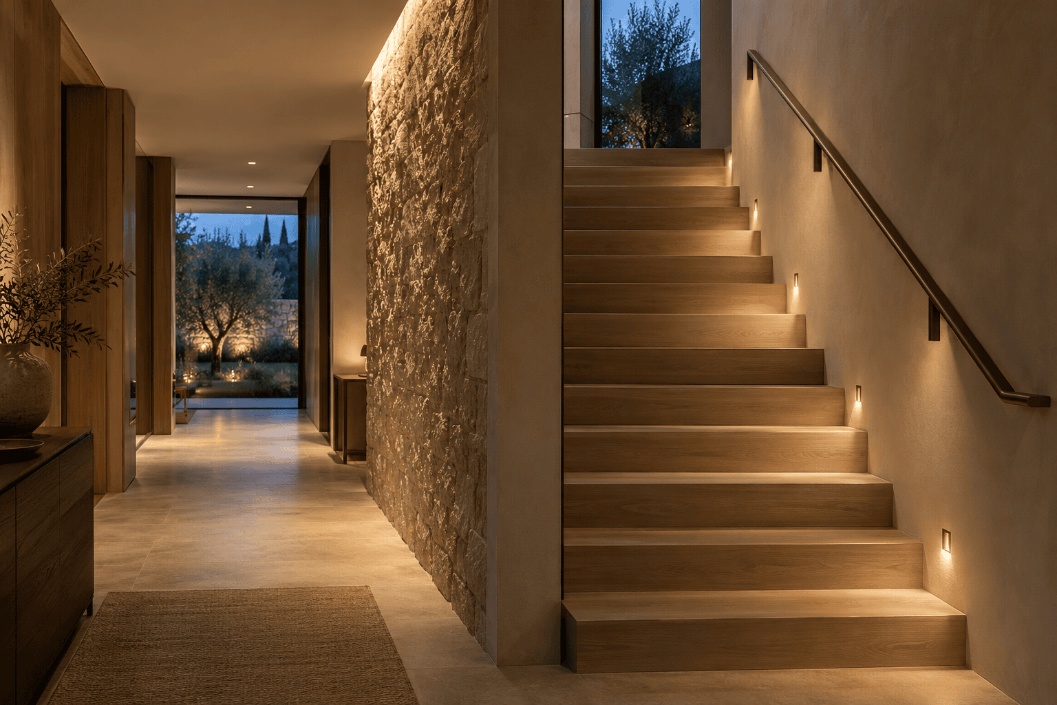 Escalera de madera con balizas empotradas y luz rasante sobre una pared de piedra